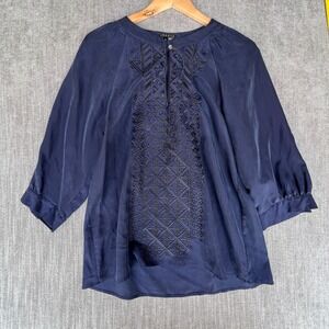 Theory Peasant Top Womens Medium Blue Silk Embroidered Boho Front Keyhole Neck
